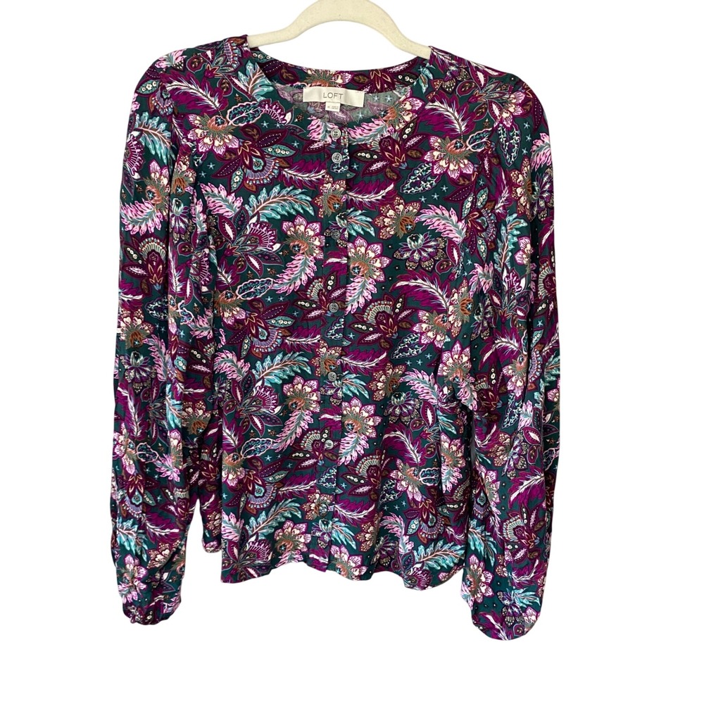LOFT Womens Teal Magenta Paisley Floral Button Front Blouse Size M